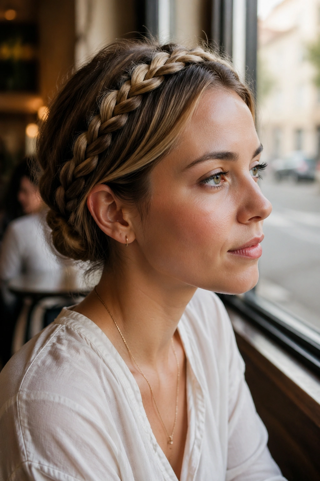 Portrait of a woman with a tucked-tail braided halo