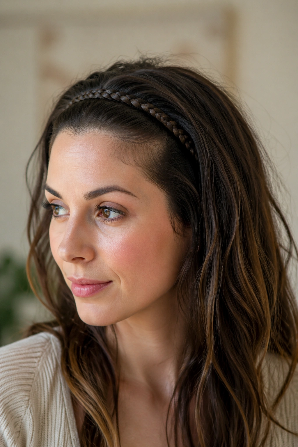 Close-up of a real woman wearing a braided headband to tame bangs