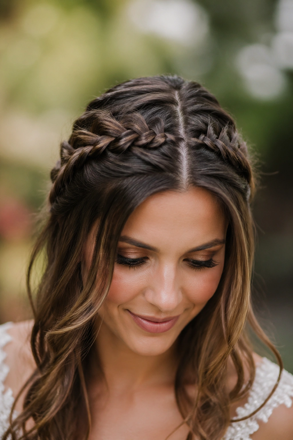 Close-up of a bride wearing a braided headband with a center part in a garden setting.