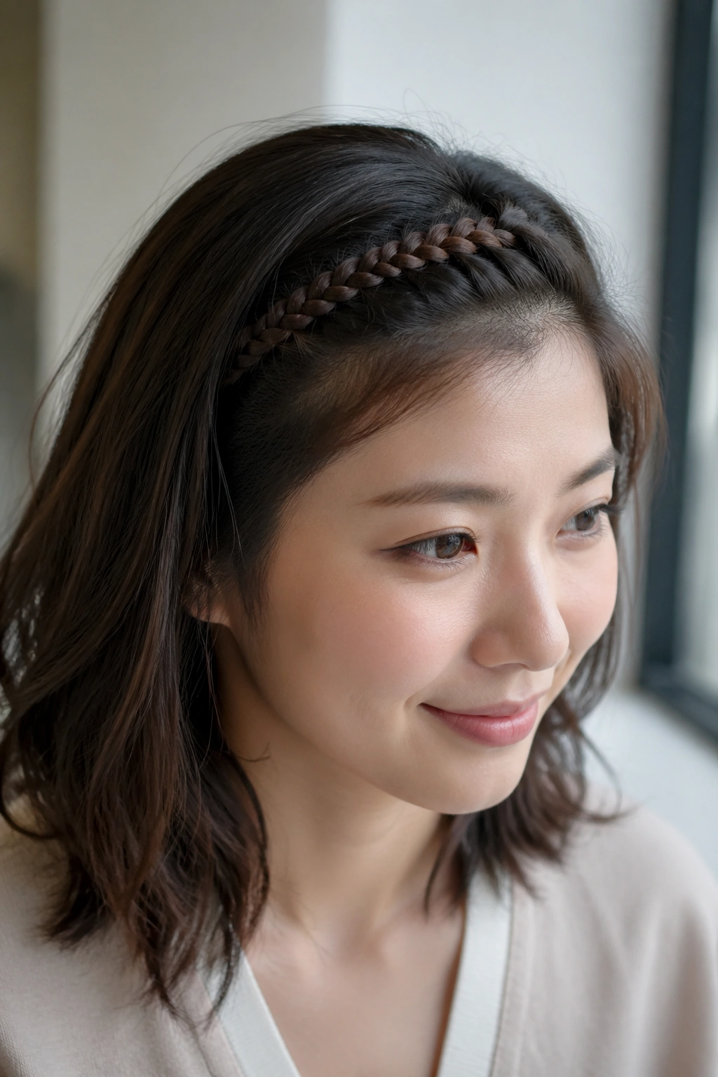 Close-up of real person wearing a braided headband along the hairline