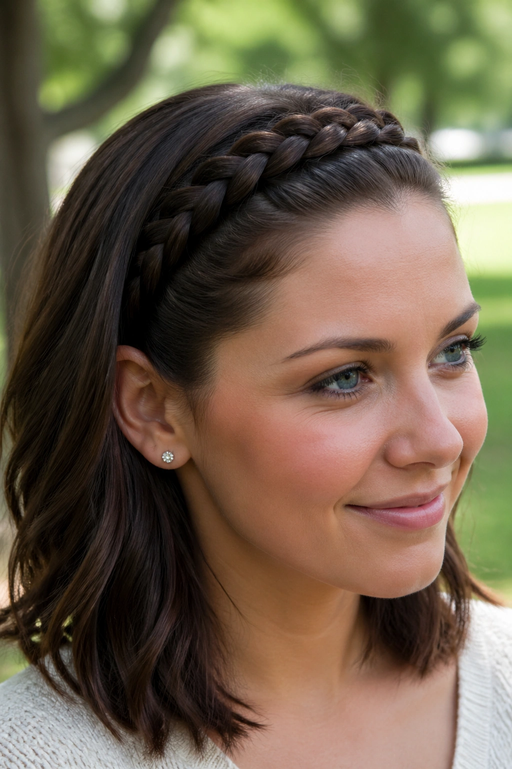 Close-up of a real woman with a front braided headband across the hairline