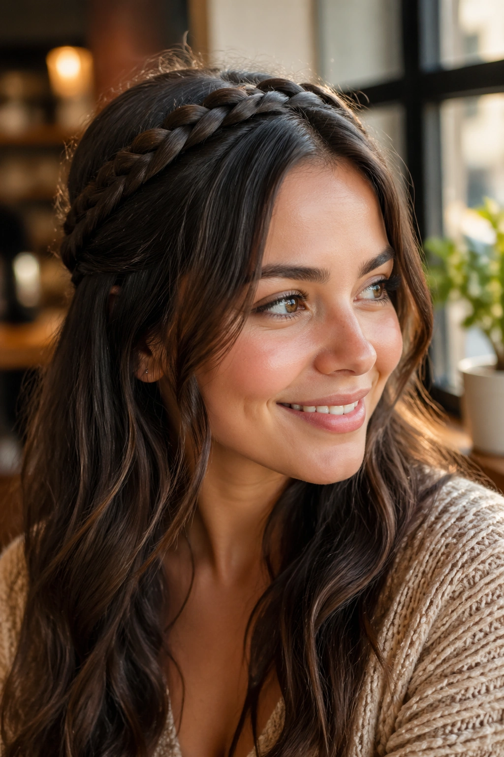 Close-up portrait of a real woman with a braided headband half-up hairstyle