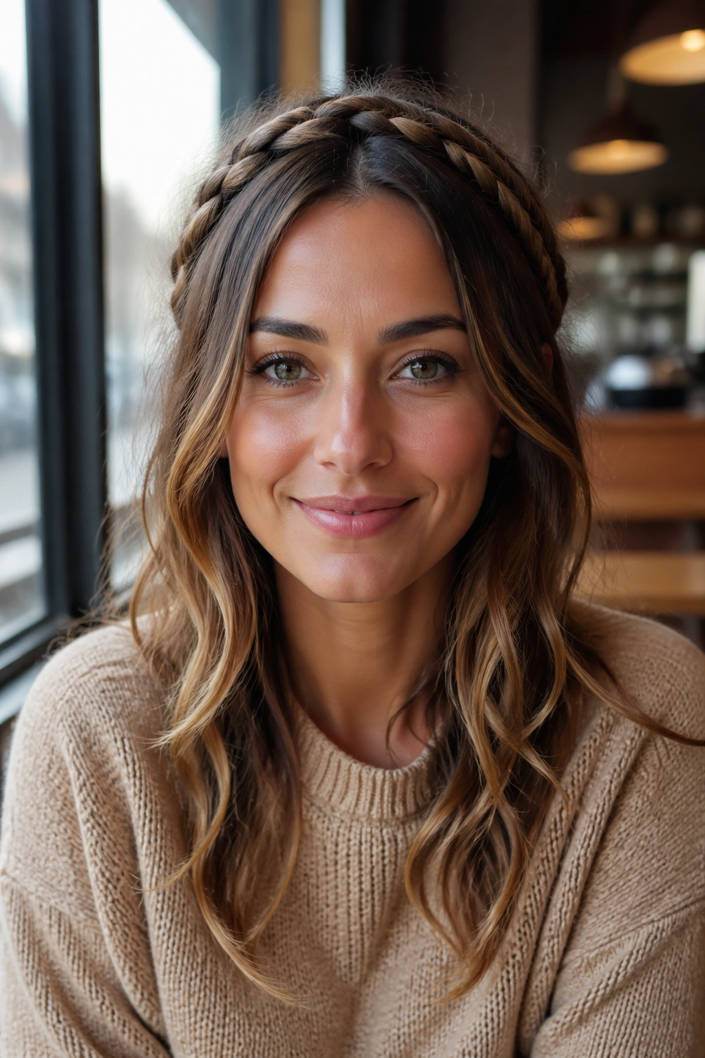 Close-up of a real woman with braided headband halo