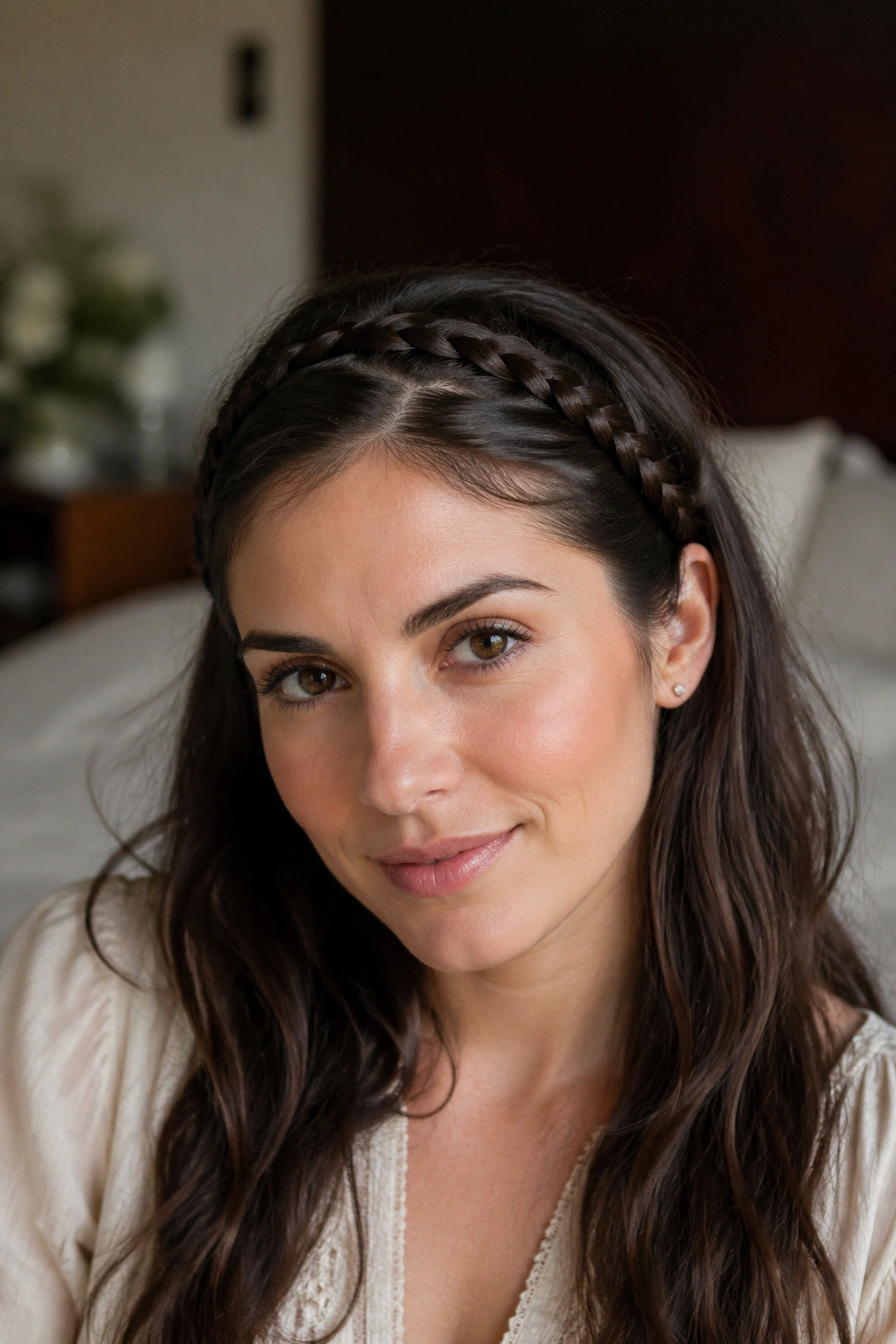 Close-up of a real woman with a braided headband and loose ends.