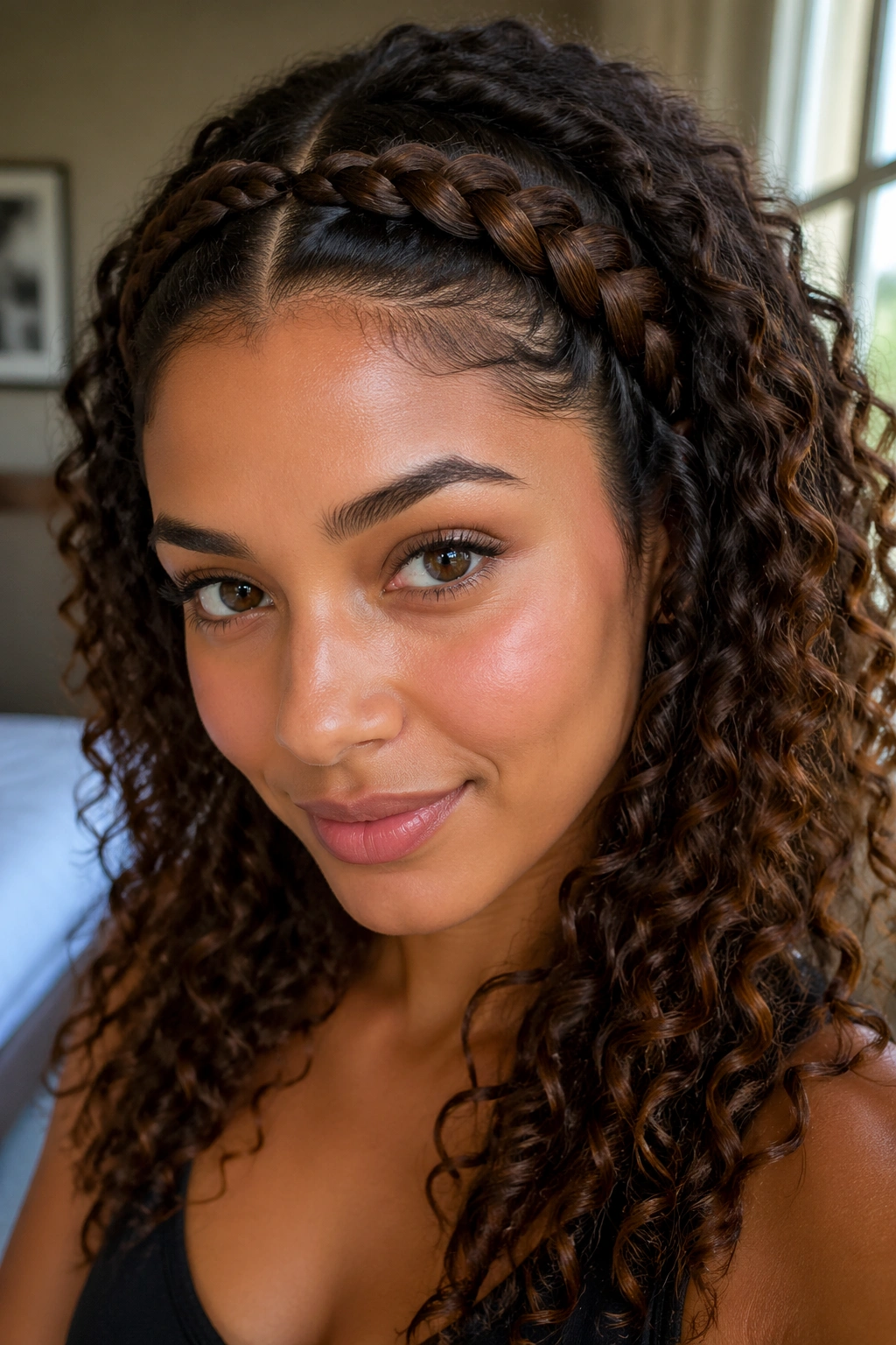 Close-up of a real woman with a braided headband across a middle part.