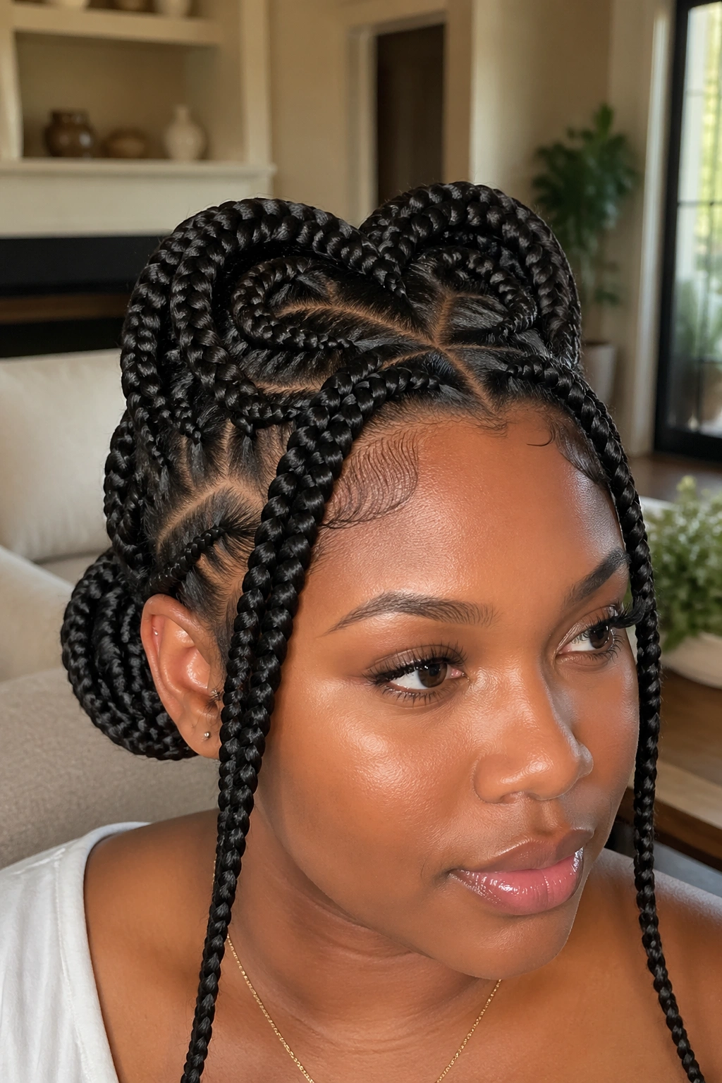 Close-up of a real person with a crown heart halo bun made of knotless braids