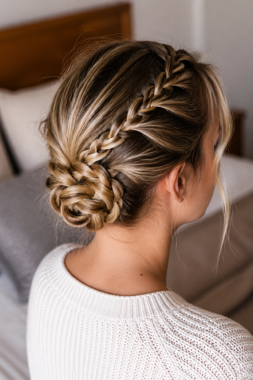 Close-up three-quarter rear portrait of a real woman with a braided knot bun