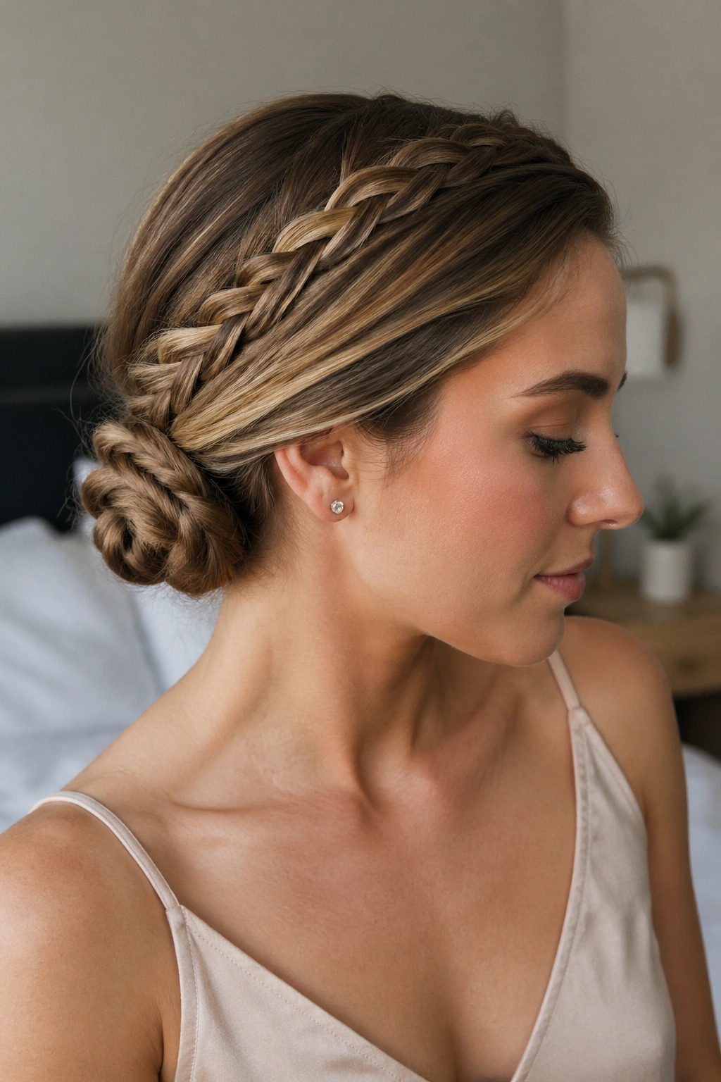 Close-up of a real woman displaying a braided knot chignon at the nape with a smooth front and defined braid texture.