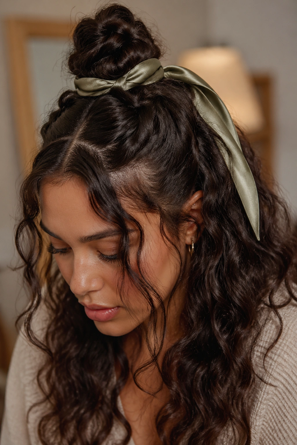 Close-up of a real person with a braided knot at the crown wrapped in ribbon