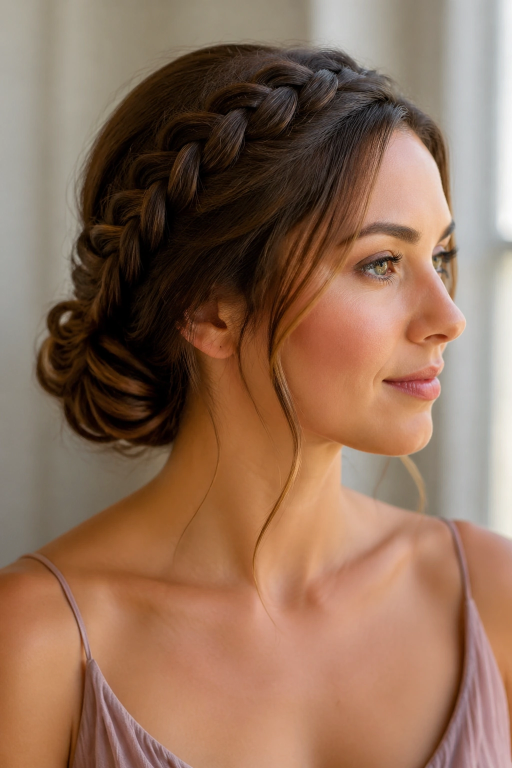 Close-up of a real woman with a braided low bun and face-framing pieces