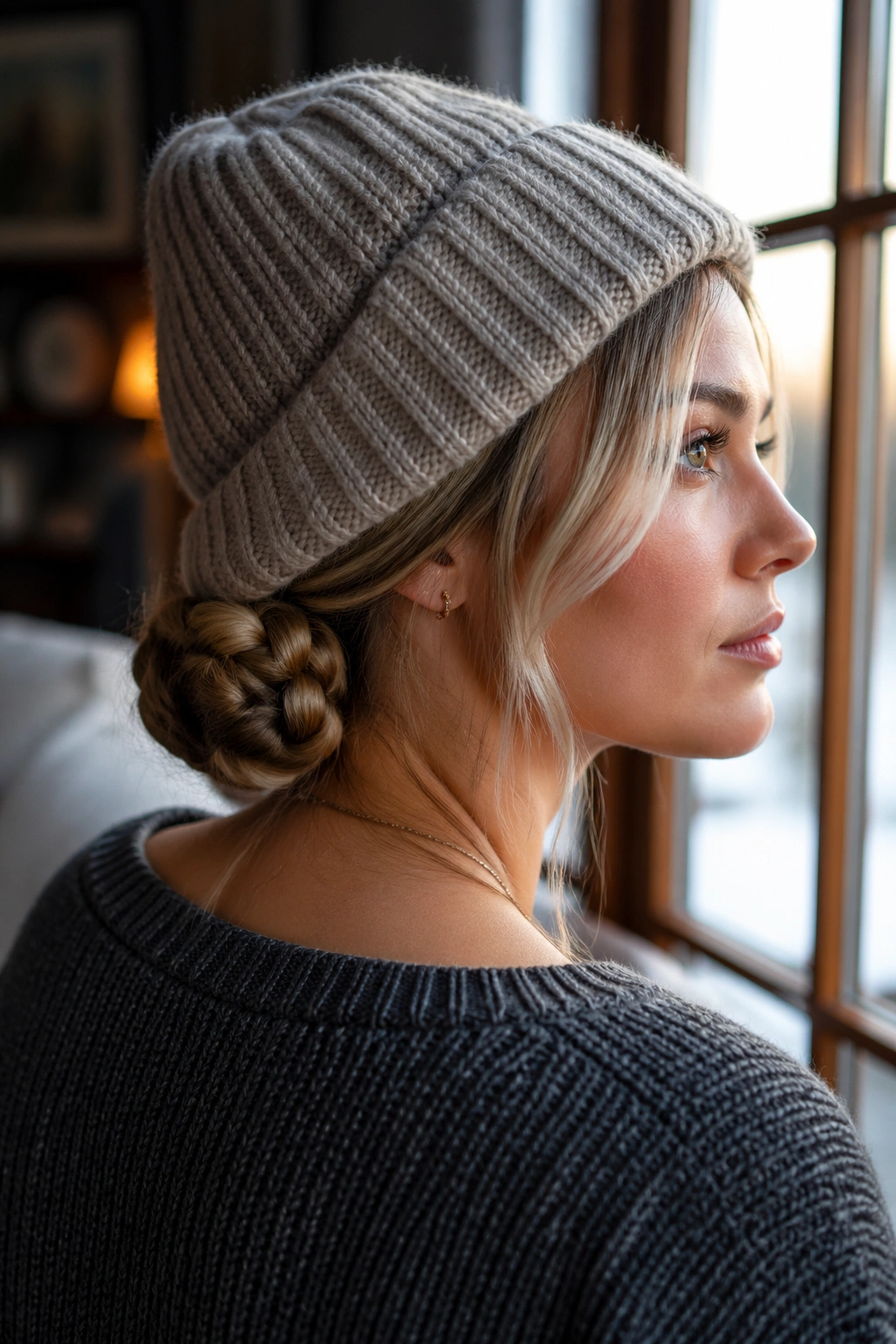 Close-up of a braided low bun at the nape on a real person.