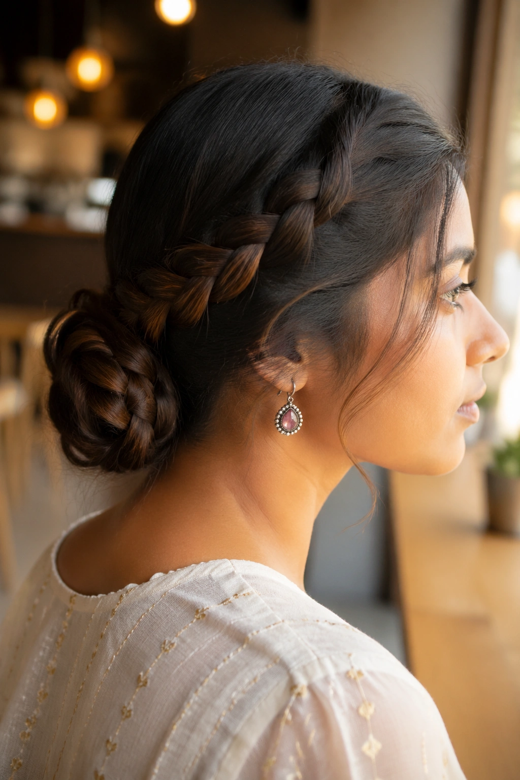 Close-up profile of a real woman with a braided low bun at the nape, warm indoor light