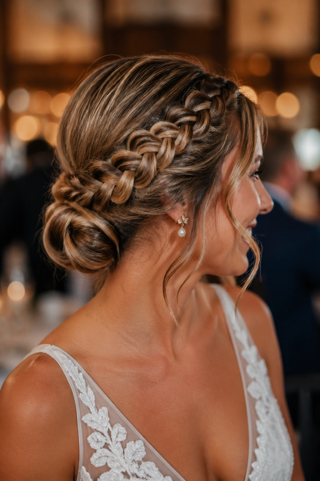 Bride with braided low bun secured with pins, ready for dancing