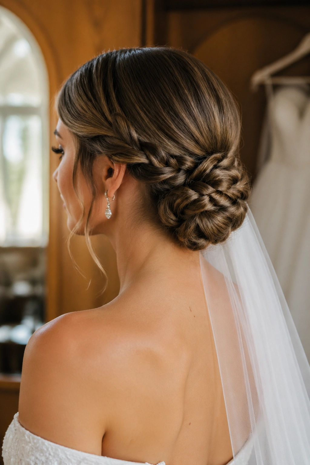 Bride with braided low chignon at the nape, elegant profile