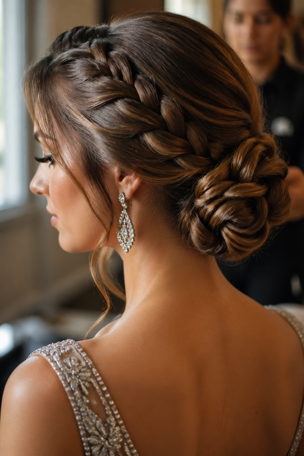 Close-up of a real woman wearing a braided low chignon at the nape with a braid woven into the bun