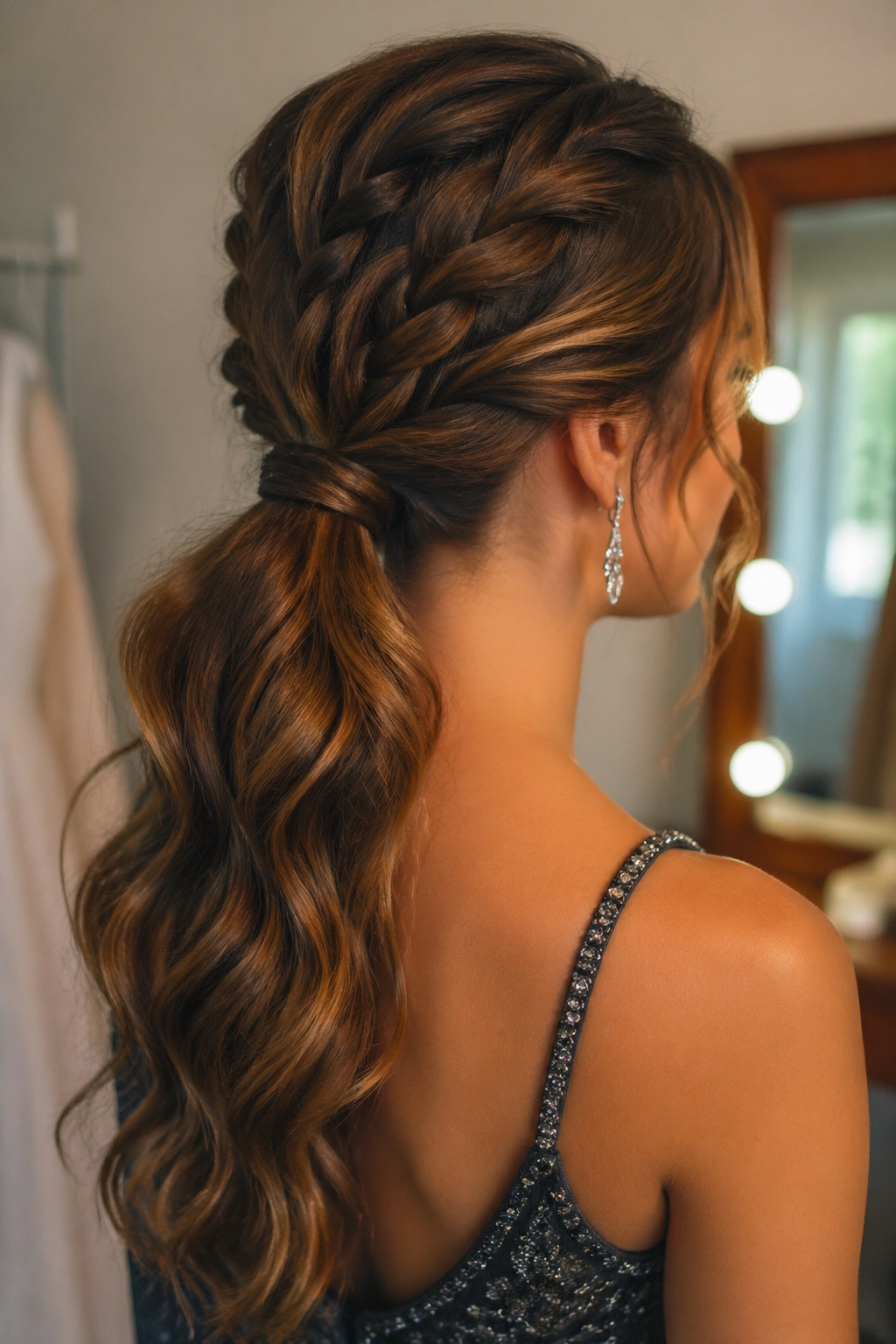 Close-up of a real woman with a braided low ponytail