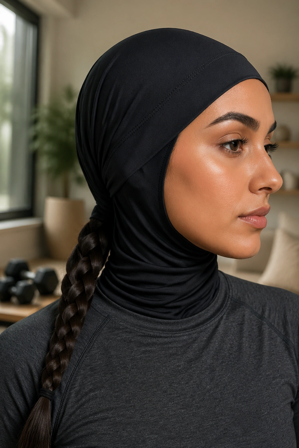 Close-up of braided low ponytail under hijab on real woman