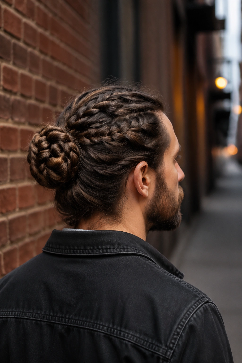 Three-quarter rear portrait of a man with a braided bun