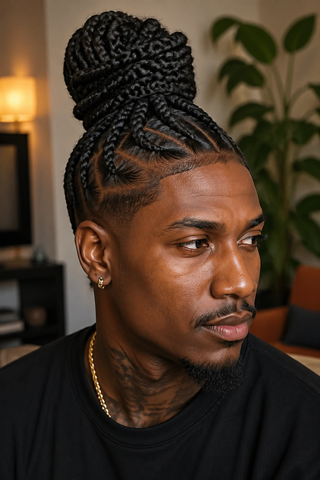 Close-up of a Black man with long locs braided into a neat bun at the crown.