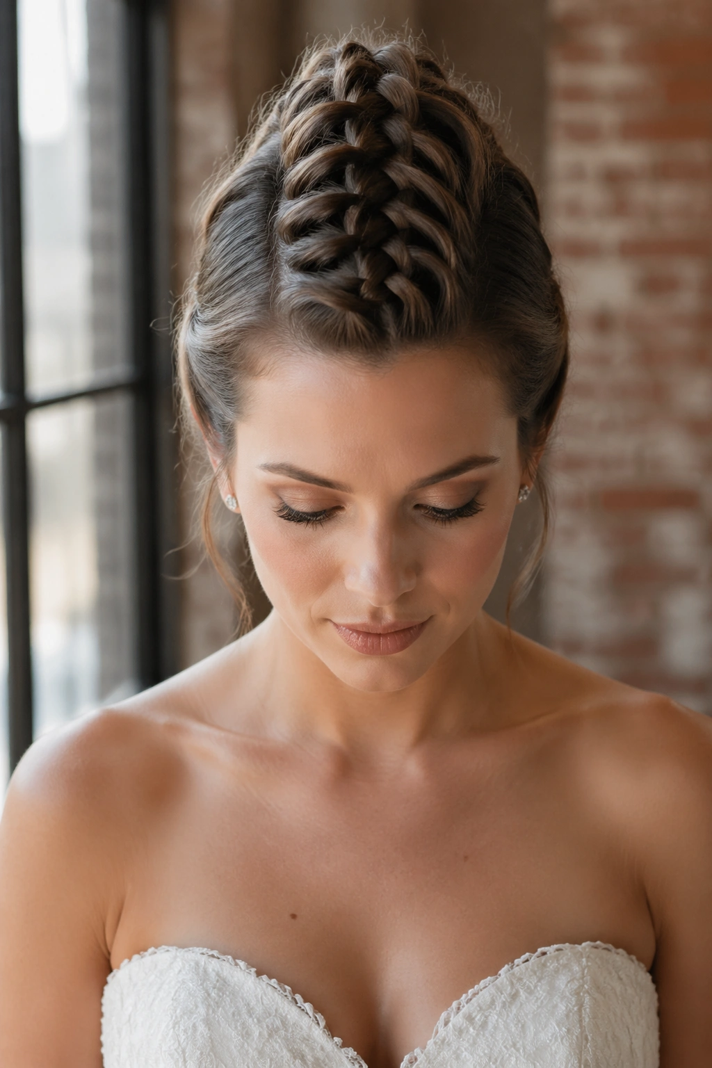 Portrait of a real bride with a centered braided mohawk and soft sides pinned back