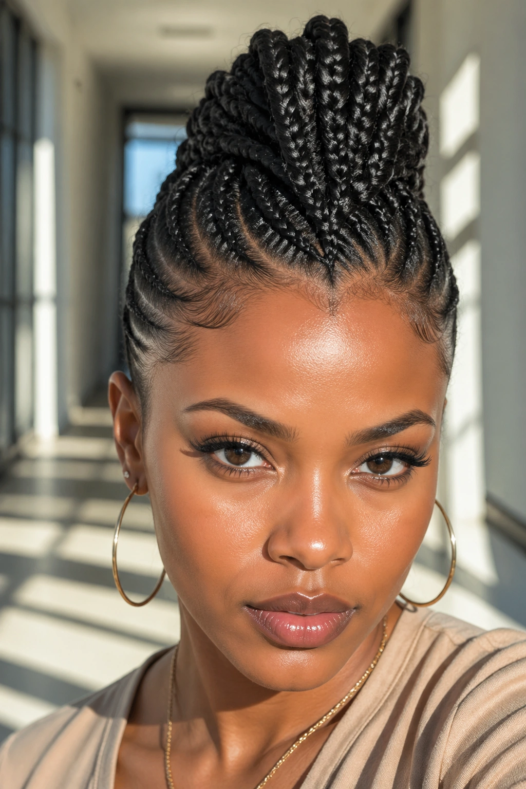 Front portrait of a real person with a braided mohawk and high center lift