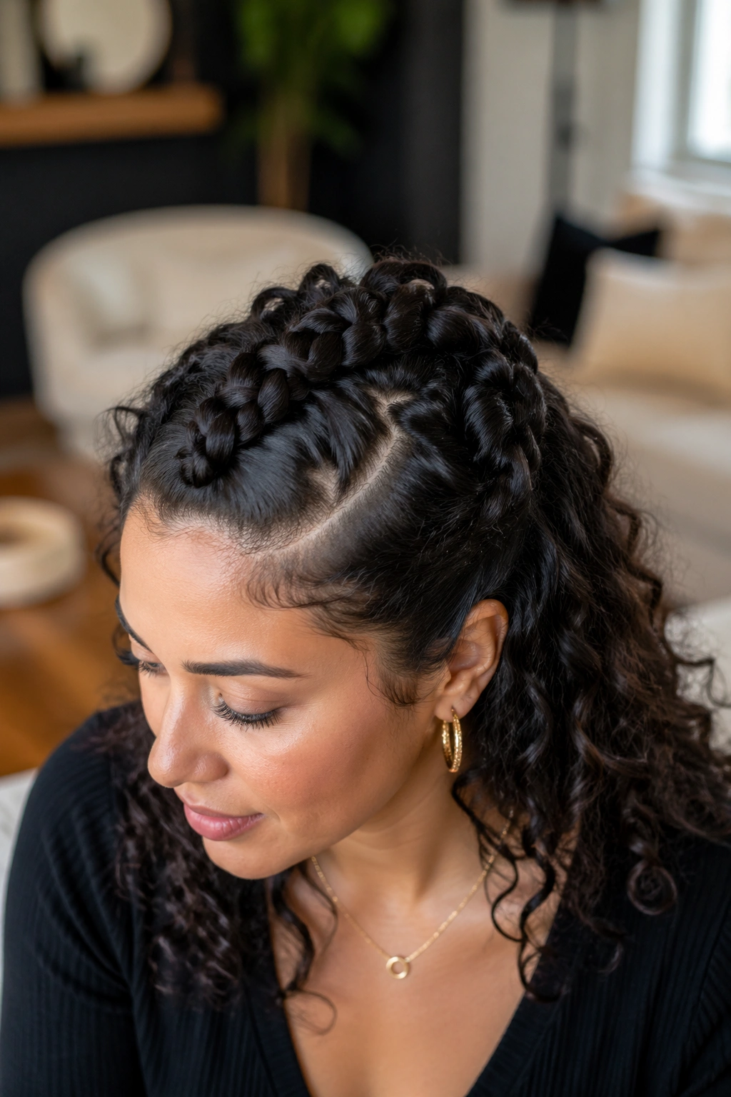 Close-up of a real person with a central mohawk braid through the crown, sides loose, warm light