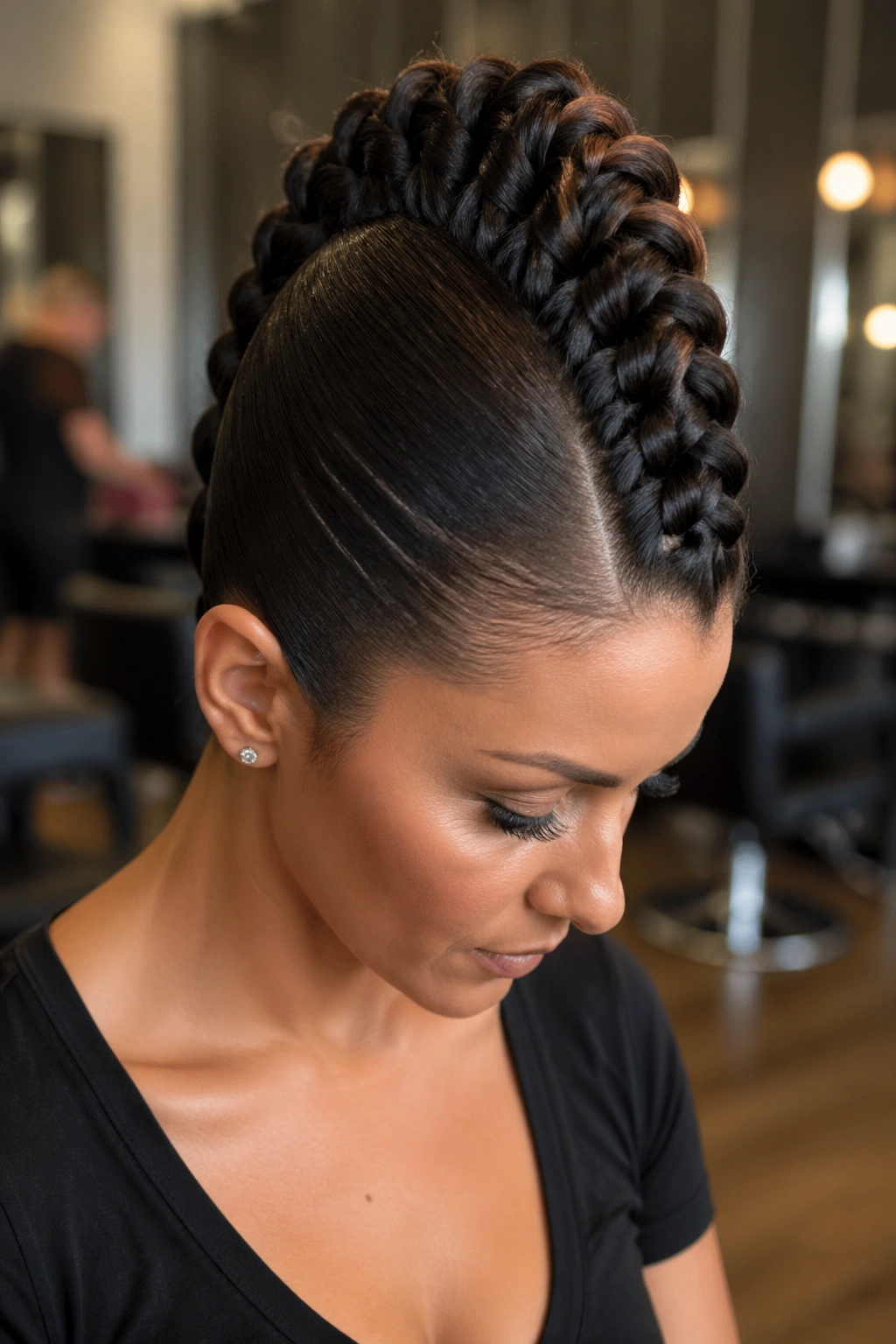 Close-up of Braided Mohawk Dragon Braid on a real woman