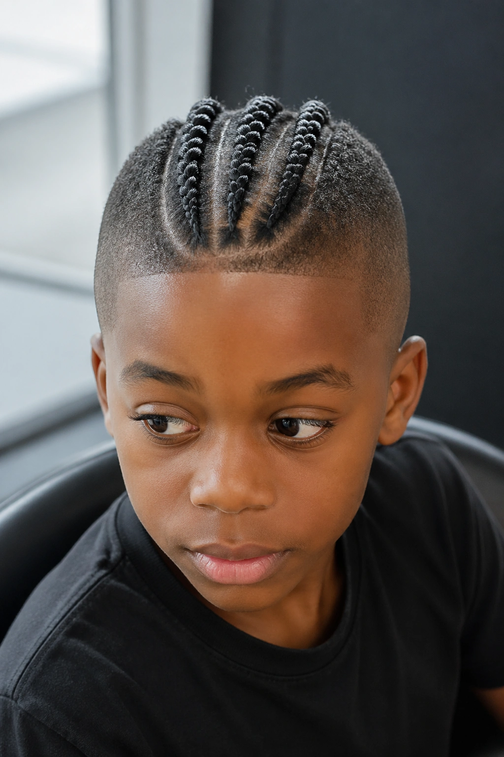 Front portrait of a real boy with a short braided mohawk and tapered sides