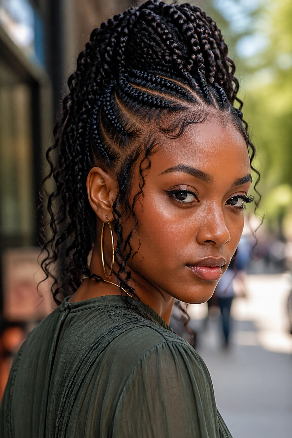 Close-up of a real woman with braided mohawk ponytail and soft side hair in urban daylight