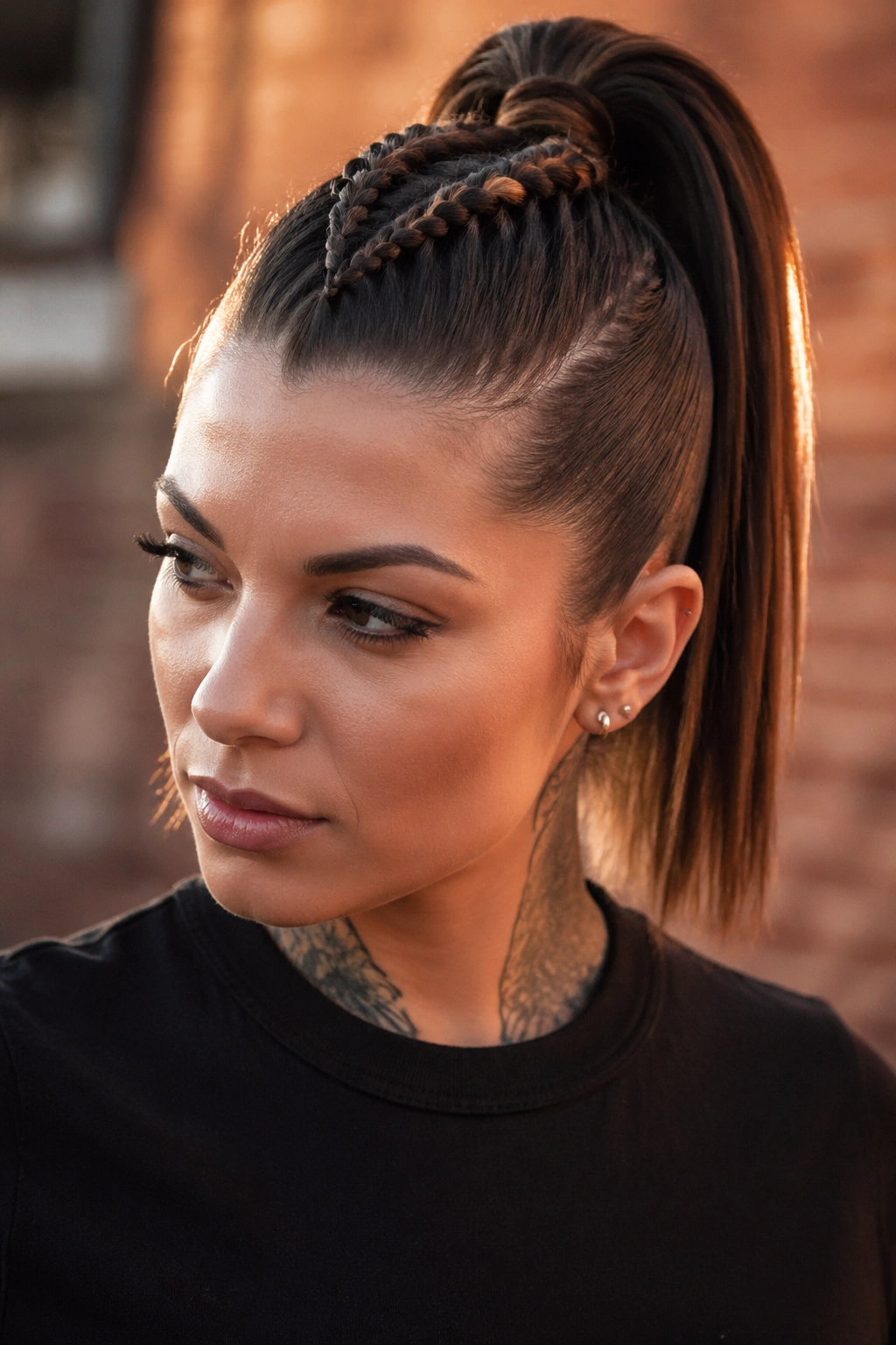 Close-up of real person with center braided mohawk and high ponytail, urban setting