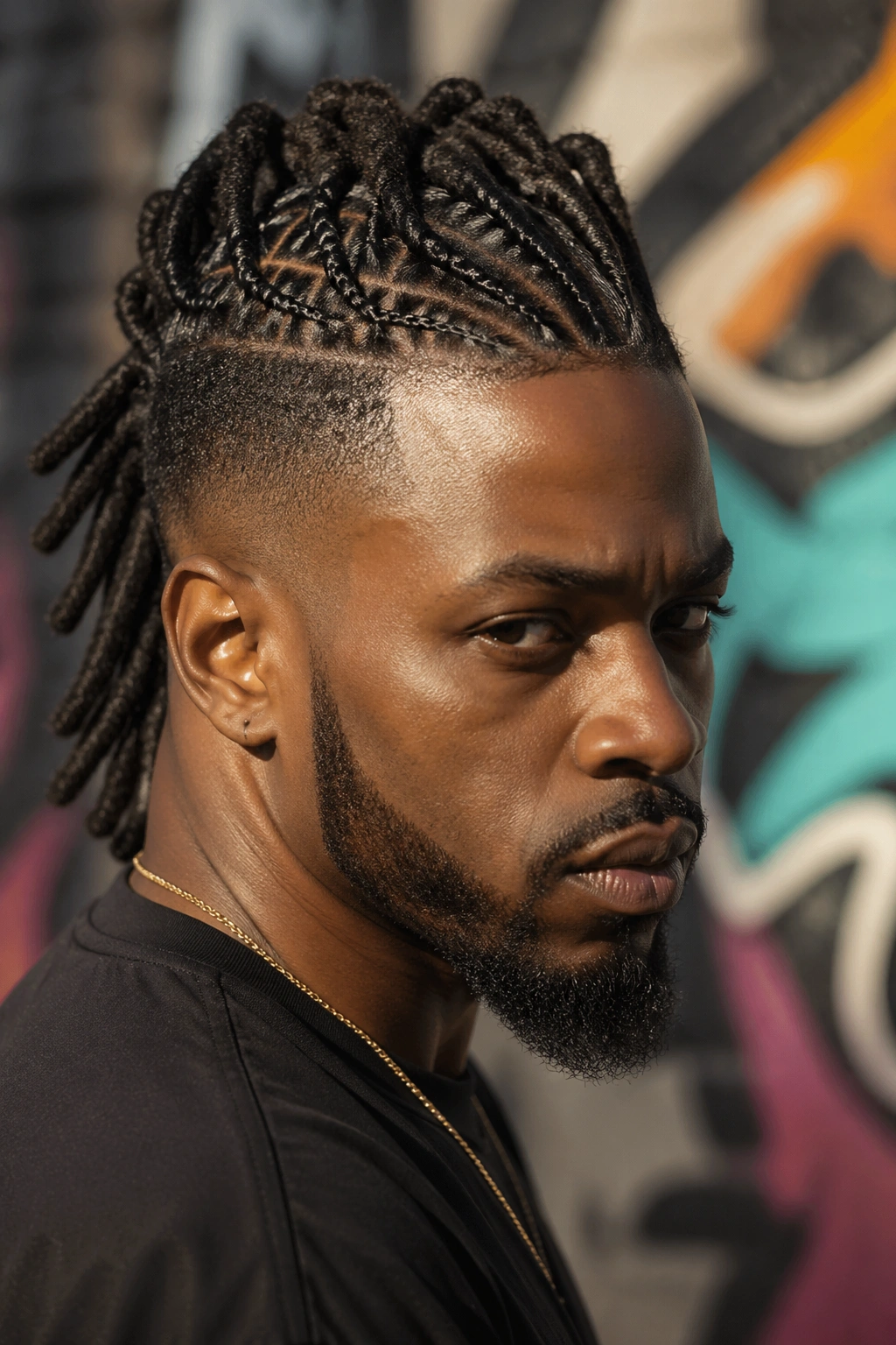 Close-up portrait of a man with a braided mohawk and tapered sides