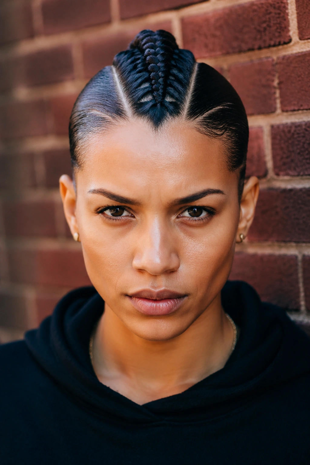 Front portrait of a real person with a central braided mohawk and slicked sides.