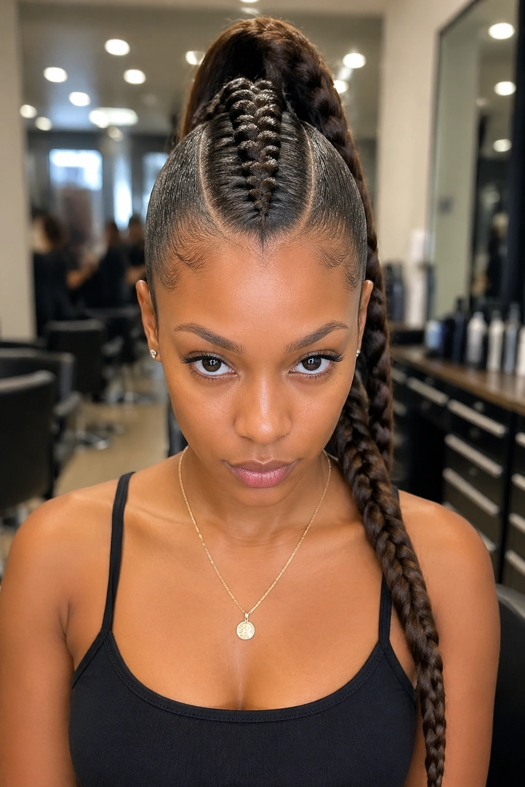 Front portrait of braided mohawk snake ponytail on a real person