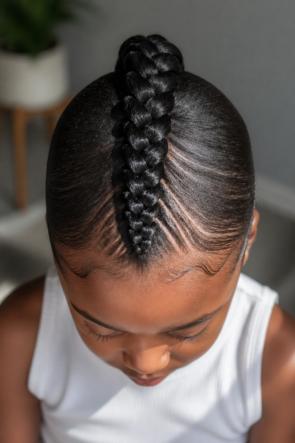 Close-up of Braided Mohawk Strip on a real person with central head braid