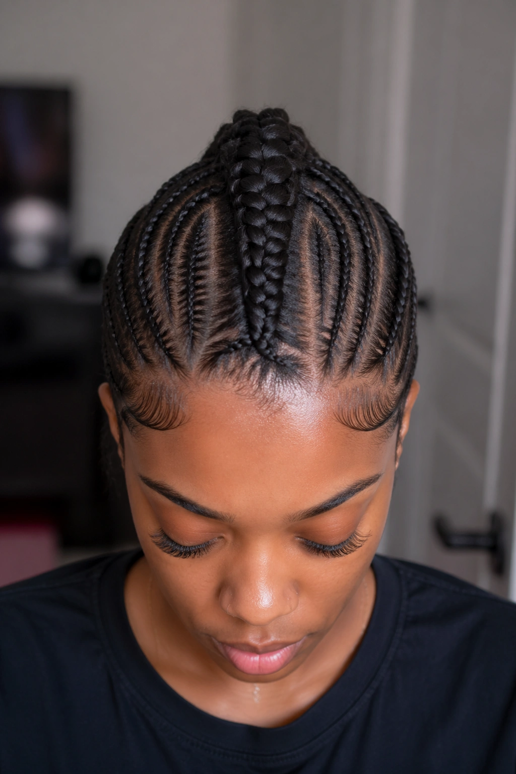 Close-up of a real person with a central braided mohawk