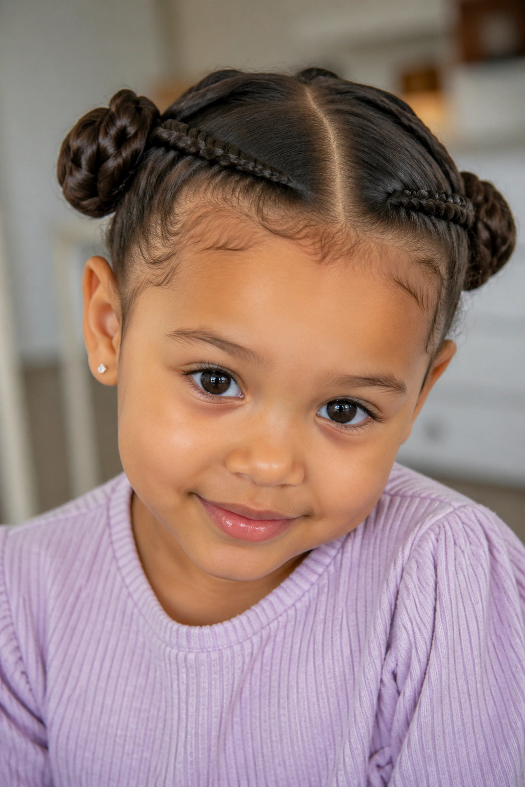 Close-up of Braided Pigtail Buns with two low braids coiled into buns