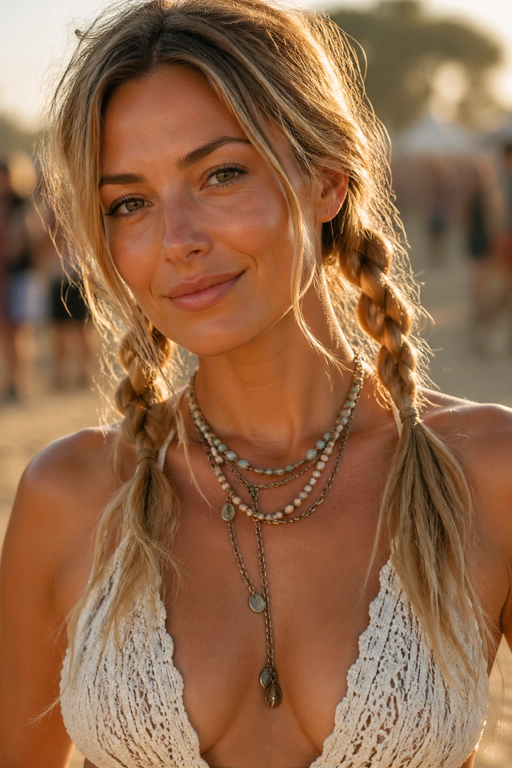 Portrait of a real person with braided pigtails and loose ends outdoors