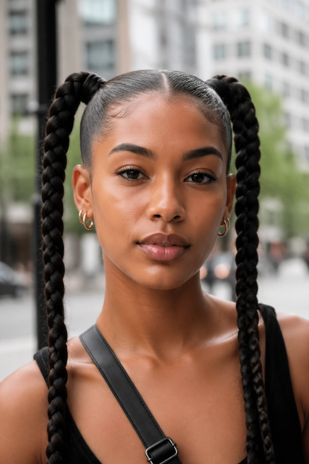 Close-up of a woman with symmetrical braided pigtails