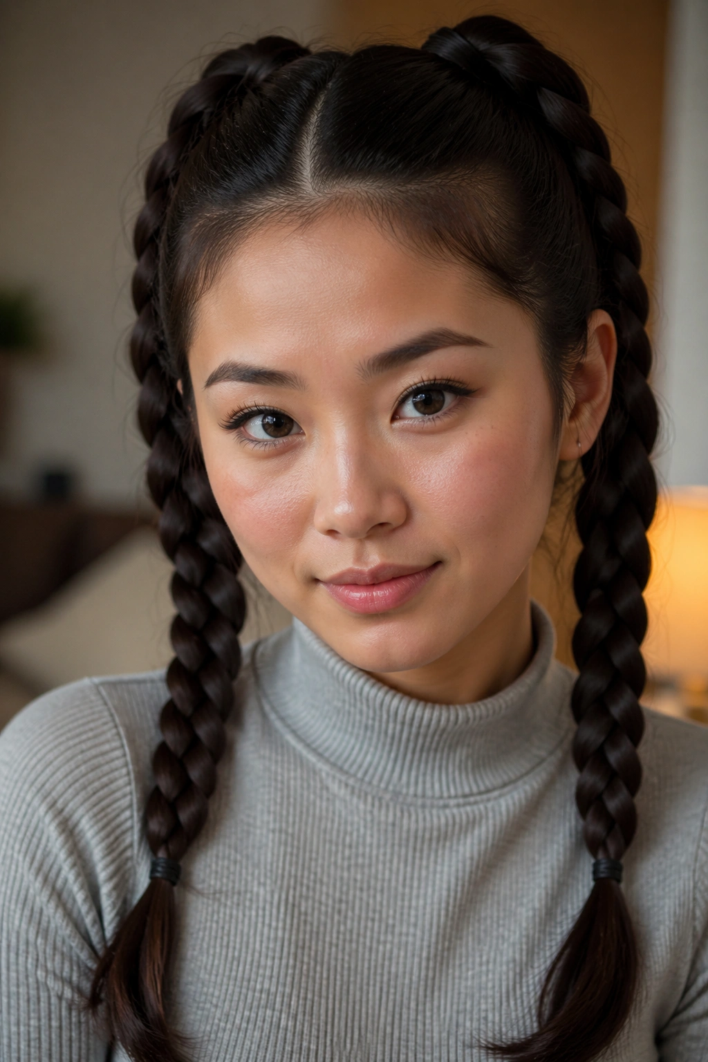 Real person with two braided pigtails in a close-up portrait
