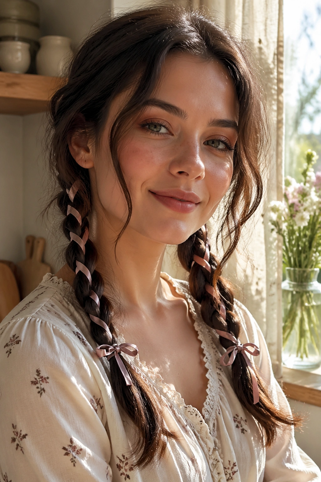 Close-up of a real woman's braided pigtails with ribbon lacing