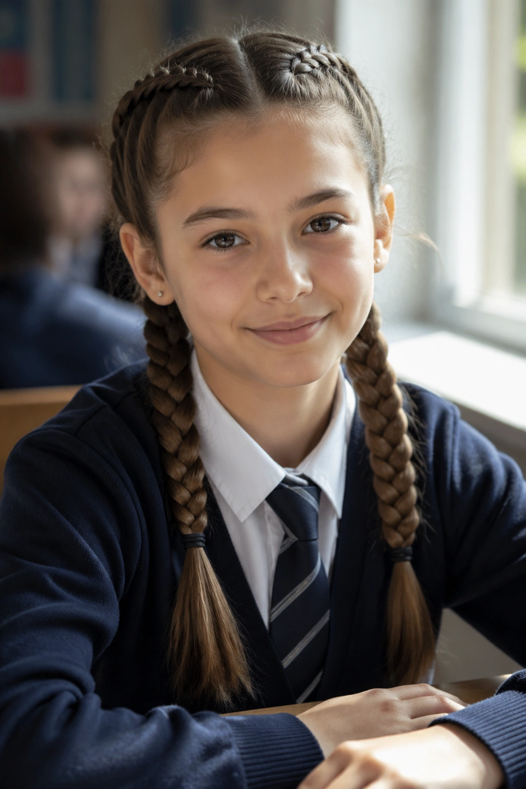 Close-up of braided pigtails on a real student in a classroom
