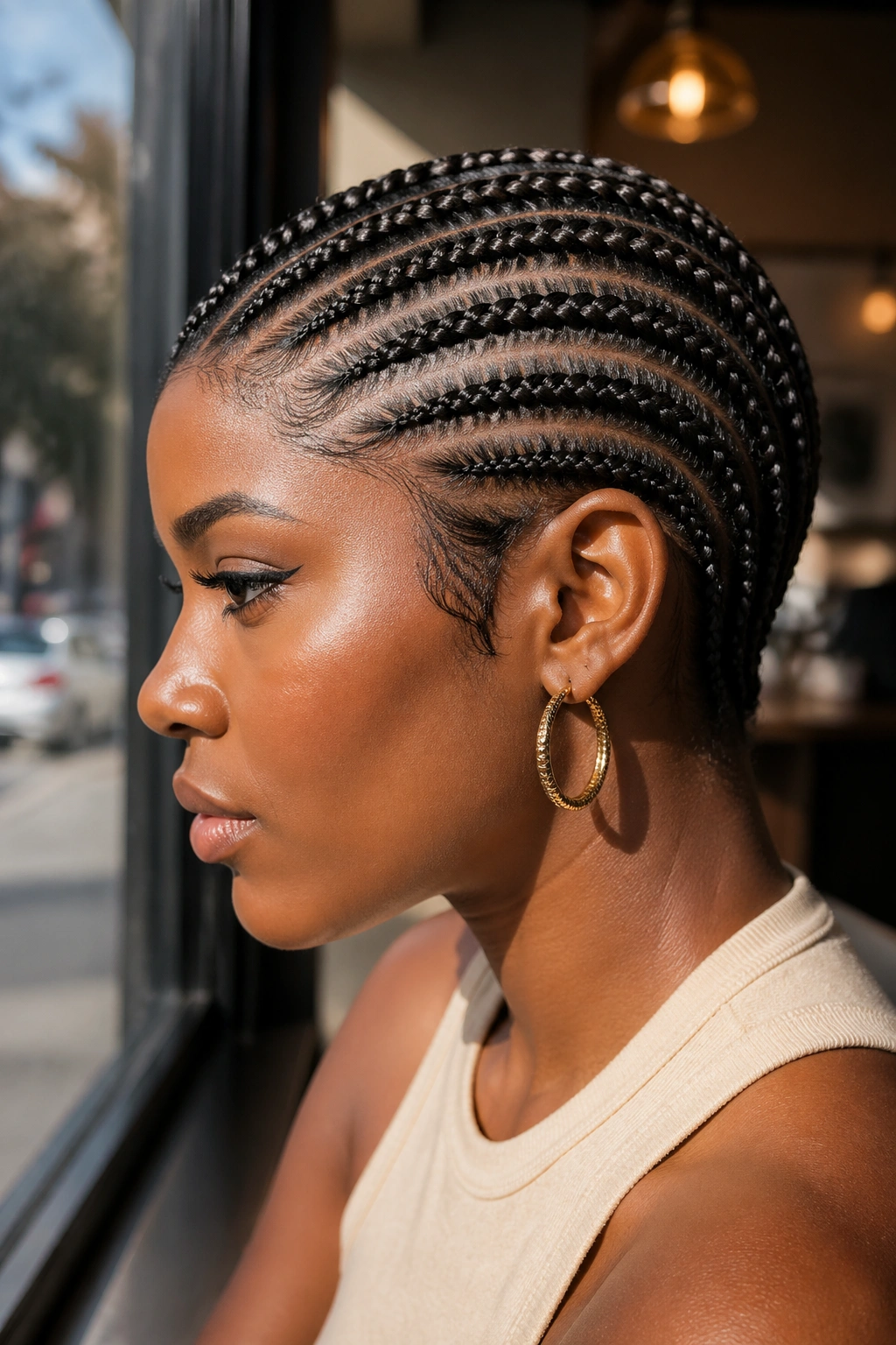 Close-up profile of a real woman with a braided pixie cut and slim braids stopping near the nape