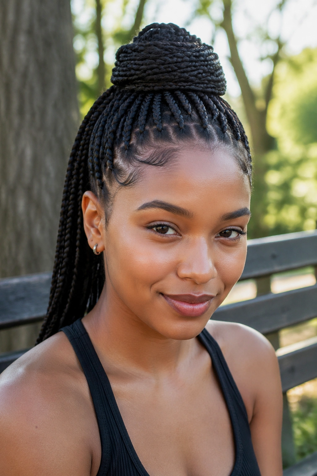 Close-up of a real person with a braided pony coil at the base of a mid-height ponytail