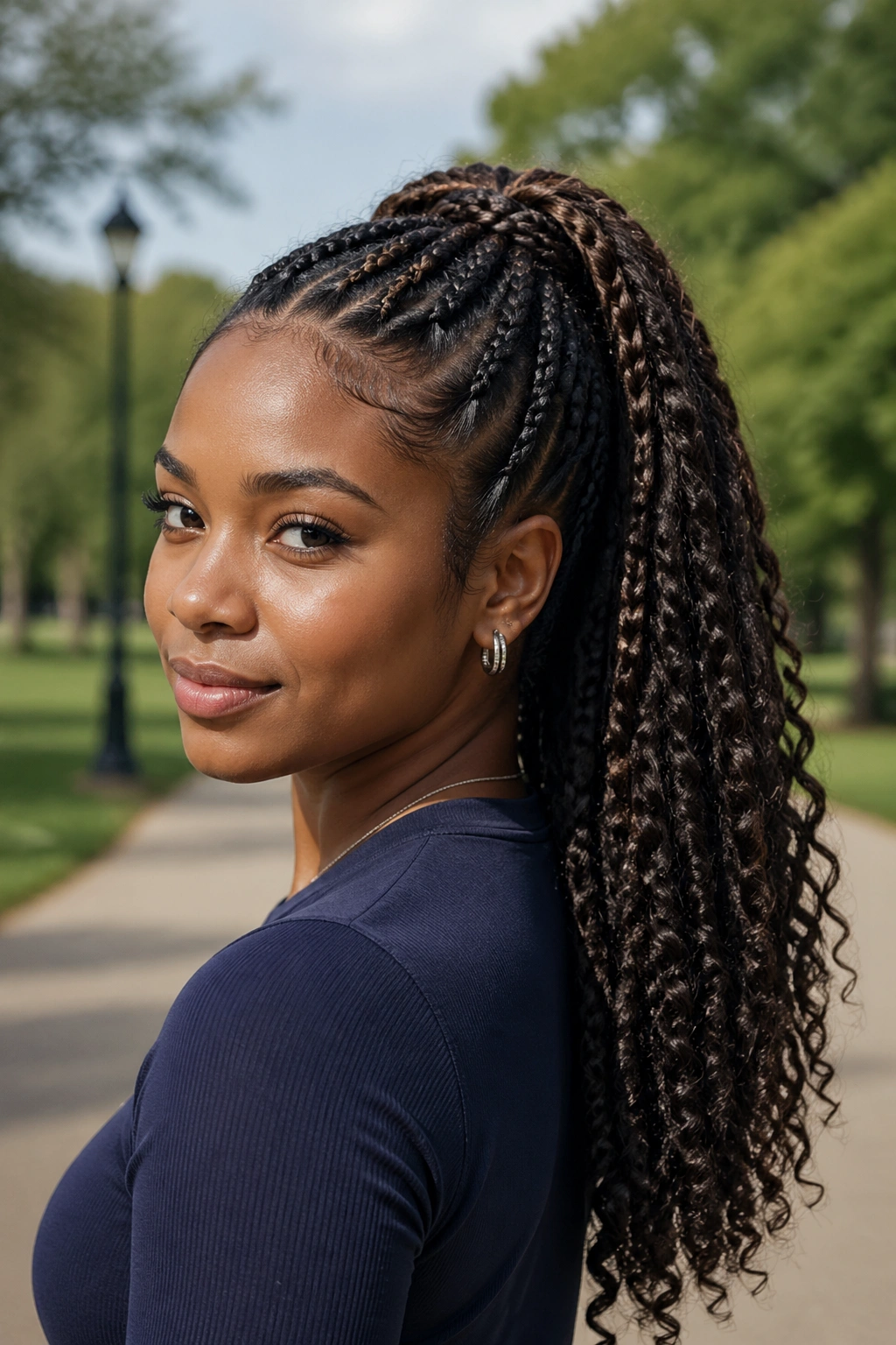 Braided ponytail with 3B/3C curls in an outdoor park