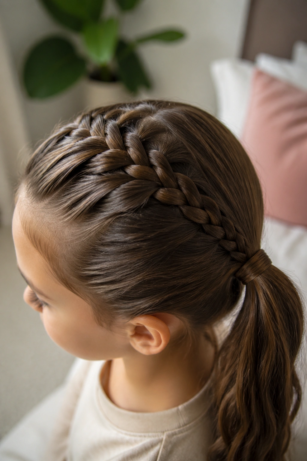 Close-up of a real person showing braided base at crown of a low ponytail