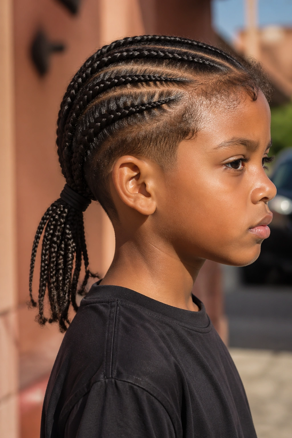 Side-profile of a real boy with a braided ponytail.