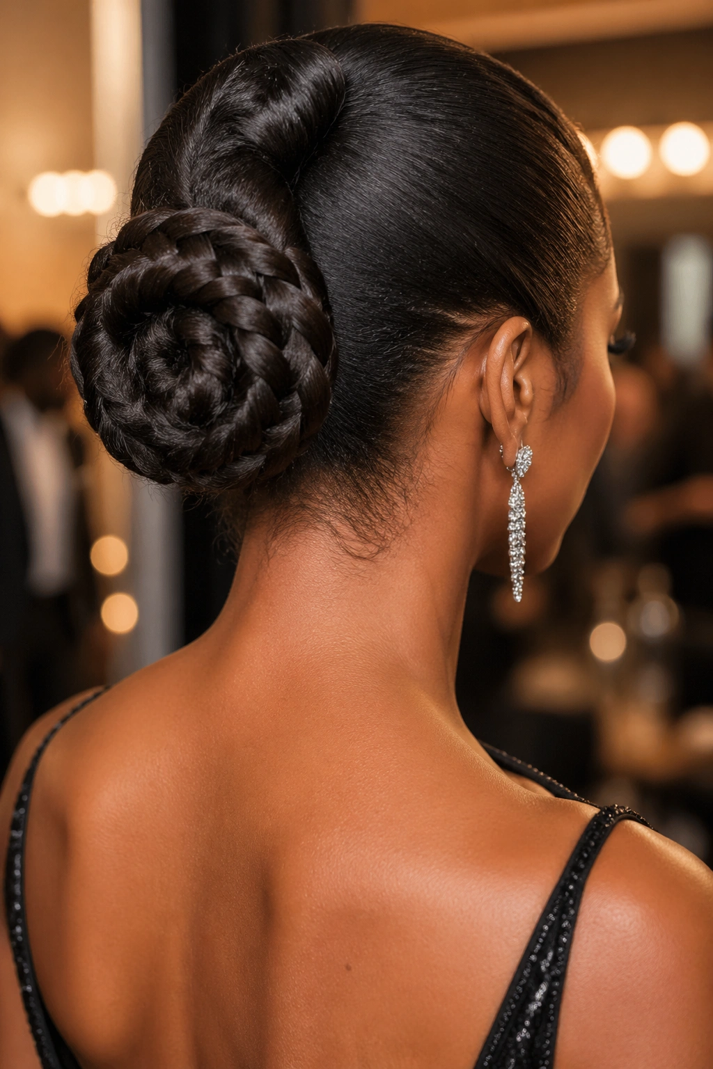 Back view of braided ponytail rolled into a chignon on real person