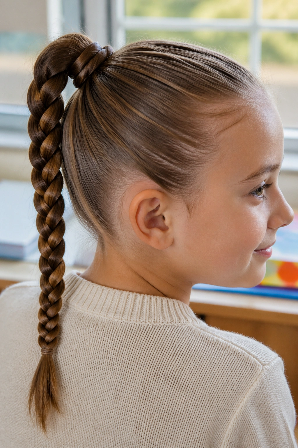 Close-up of child with braided ponytail in classroom light