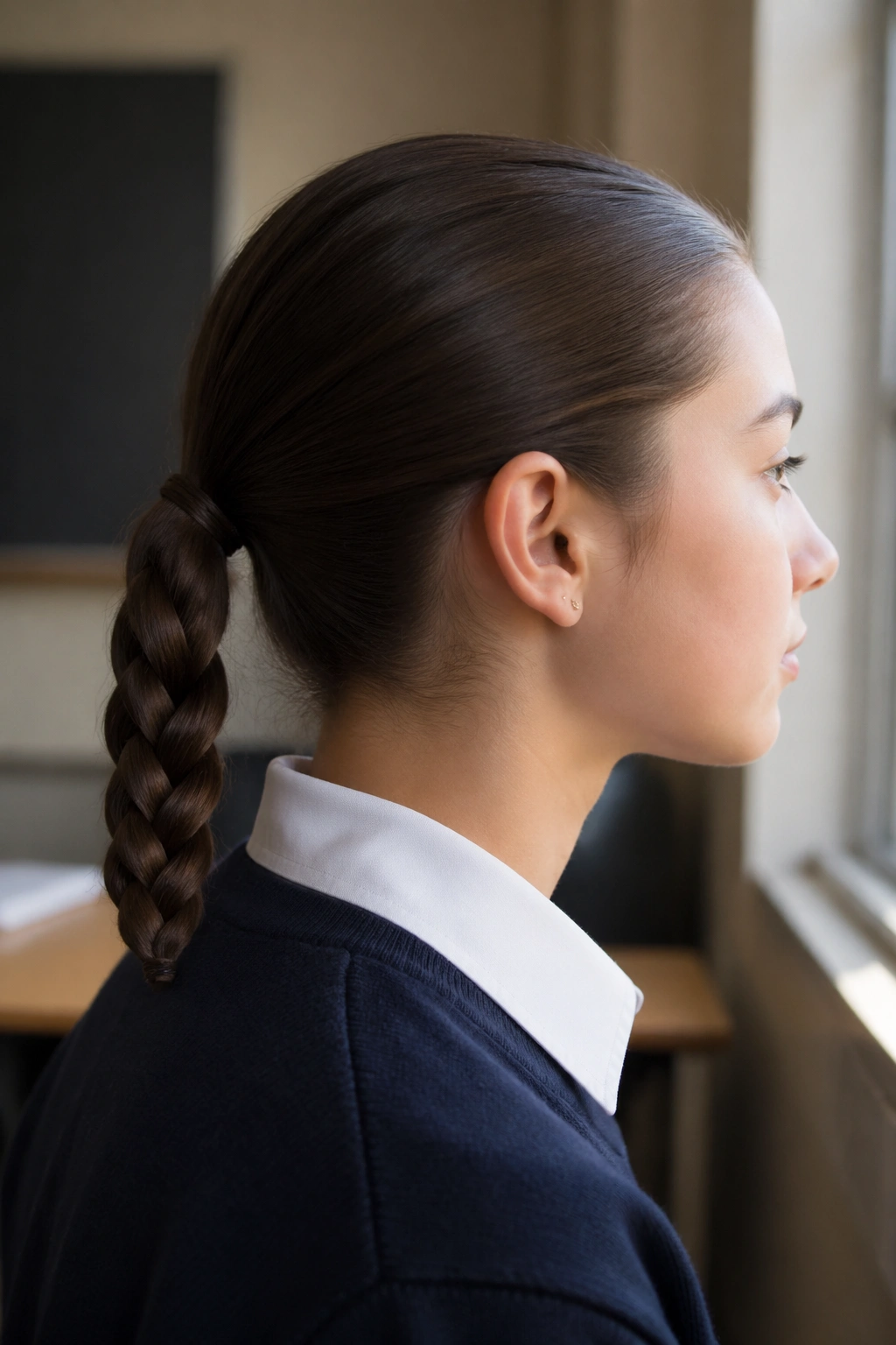 Close-up of a real person with a low braided ponytail in a classroom