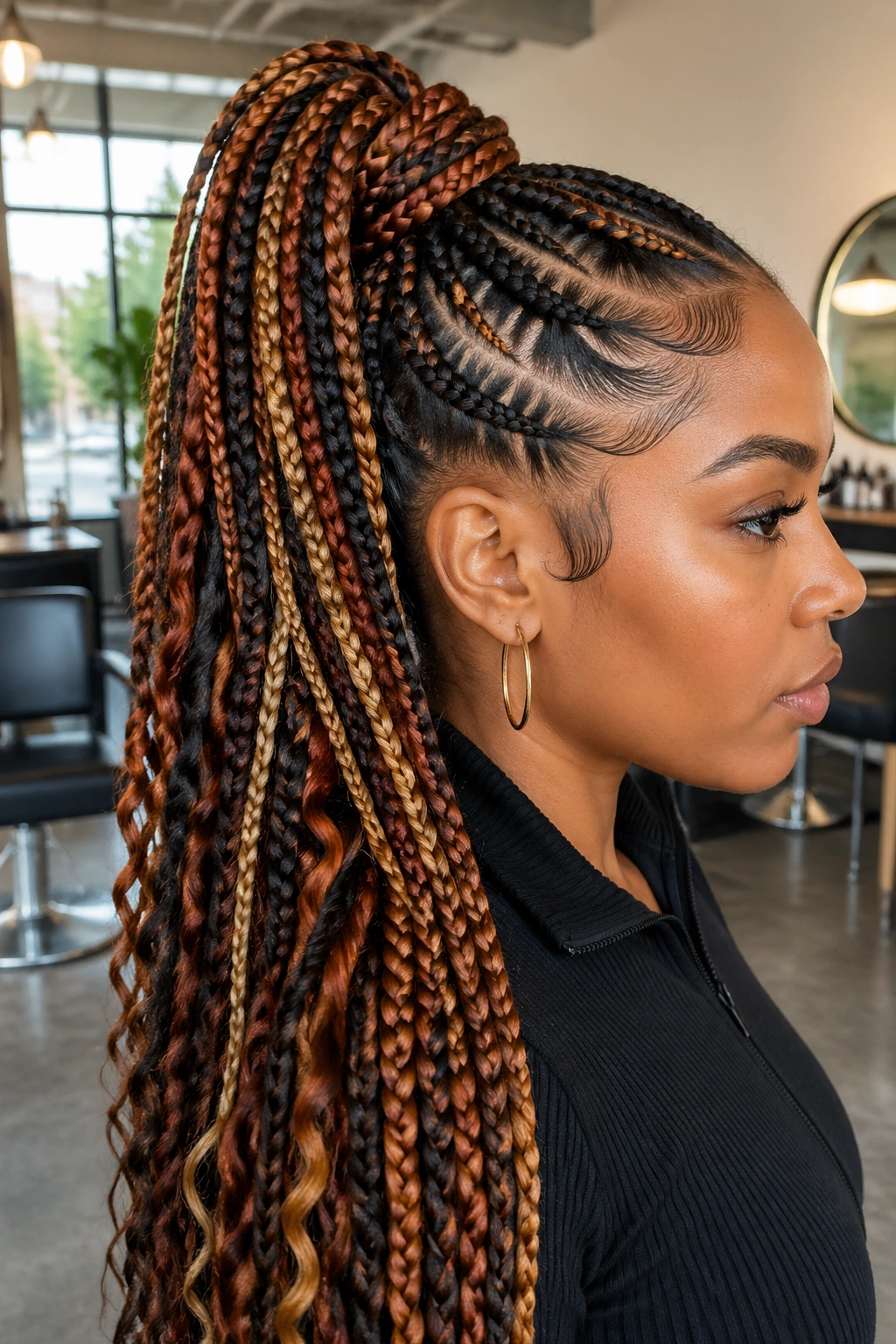 Real woman with braided ponytail featuring colored extensions in copper and honey blonde